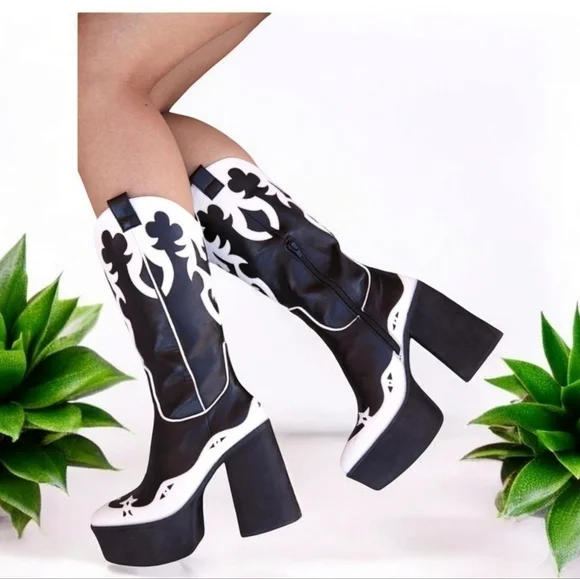 Current Mood stylish black and white Women's Platform heeled cowboy Boots - Picture 1 of 13